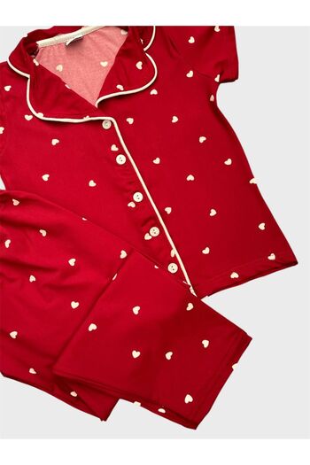 tusem butik homewear Girls' 100% Cotton Burgundy Heart Pattern Shirt Collar Buttoned Short Sleeve Summer Pajamas Set