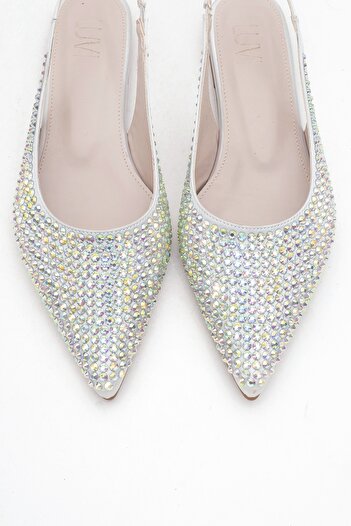 LuviShoes Ida Silver Colored Stone Pointed Toe Open Back Women's Ballerina Shoes