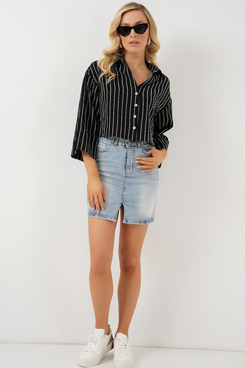 Bigdart Women's Striped Oversize Short Shirt 20326 - Black