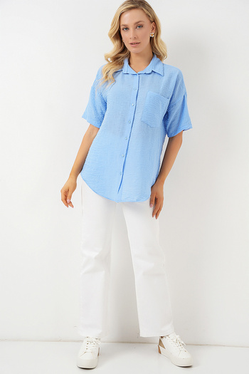 Bigdart Women's Short Sleeve Linen Look Shirt 20336 - Blue