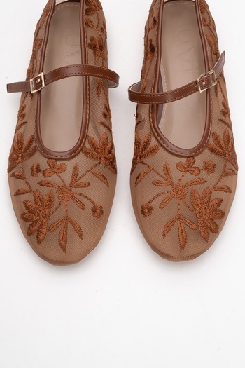 LuviShoes Juny Tan Mesh Flower Embroidered Women's Ballerina Shoes