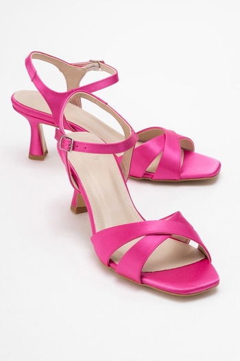 LuviShoes Melin Fuchsia Satin Cross Strap Women's Heeled Shoes