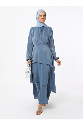 Refka Flounced Satin Hijab Dress - Light Petrol - Refka