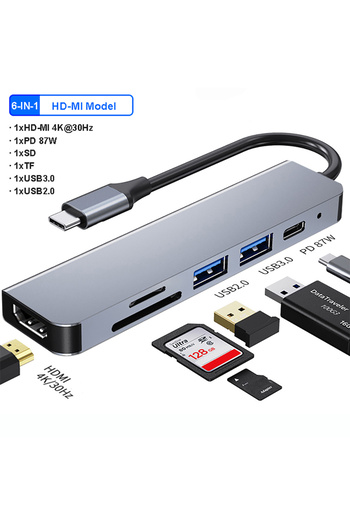 Kebidumei موزع USB C HDMI 6 في 1 بدقة 4K وتردد 30 هرتز، متوافق مع النوع C وHDMI وPD 87 واط، محول USB لأجهزة Macbook