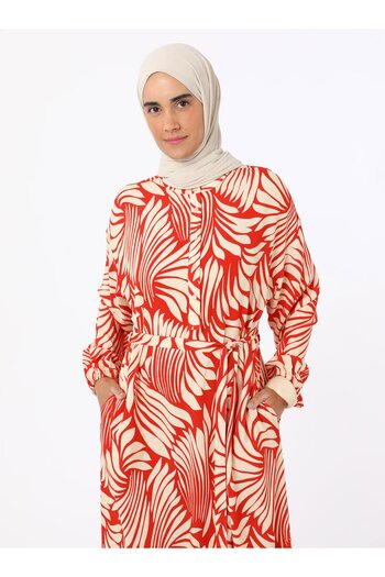 Refka Half Patch Printed Viscose Hijab Dress - Red-