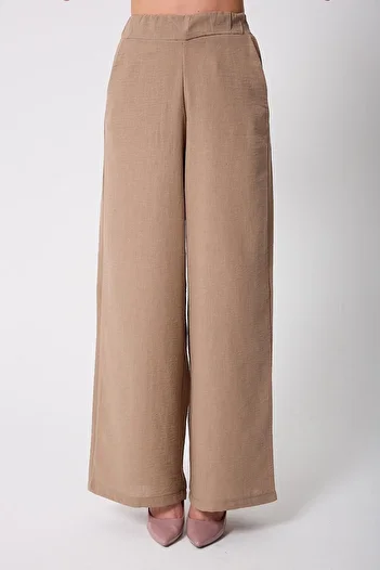 AMİDA Women's Beige Muslin Linen High Waist Palazzo Trousers - 2522