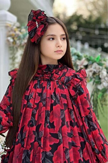 Riccotarz Girls' Red Dress with Ruffle Detail on Collar and Shoulders and Floral Embroidered Pleats