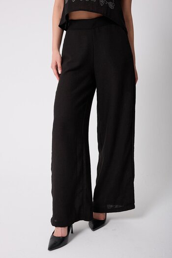 AMİDA Women's Black Muslin Linen High Waist Palazzo Trousers - 2522