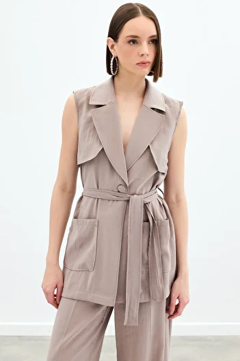 Sateen Long Vest with Belt - Mink