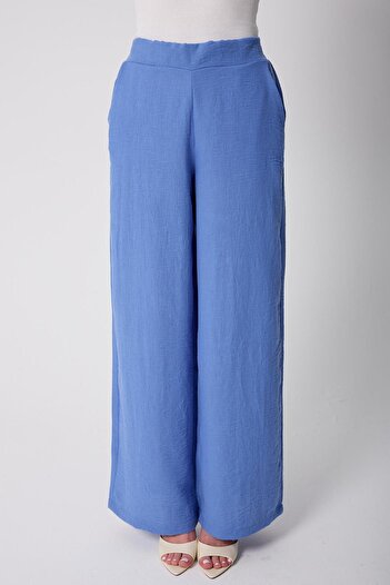 AMİDA Women's Blue Muslin Linen High Waist Palazzo Trousers - 2522