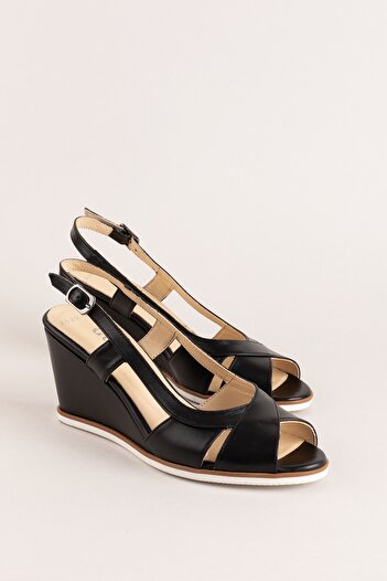 Gondol Women's Genuine Leather Wedge Heel Shoes Şhn.7029 Black