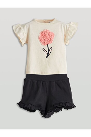 LC Waikiki Ecru Applique Floral Baby Girl Blouse and Shorts 2-Piece