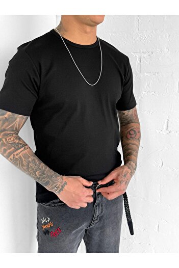 ablukaonline Ανδρικό μπλουζάκι με λεπτή εφαρμογή Corduroy Basic Stretchy Μαύρο