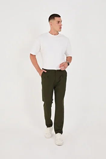 BROCARD Men's Buckle Belt Italian Cut Boyfriend Fit Casual Khaki Fabric Pants