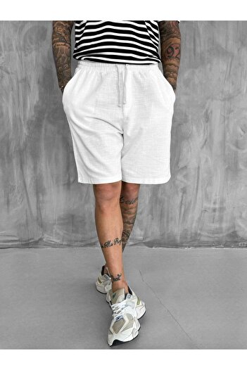 ablukaonline Men's Elastic Waist Linen Look Baggy Shorts Ecru