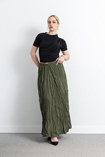 TUĞBA ERGÜL Women's Elastic Waist Wrinkled Maxi Length Crinkle Skirt