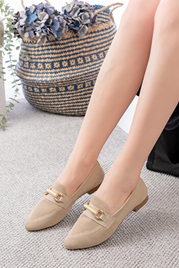 Oksit Zeyha Buckle Detailed Daily Knitwear Pointed Toe Women's Ballerinas