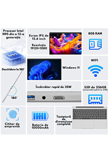 VisionHub Ultra-Performant Laptop 15.6" IPS FHD, Intel N95 (12th Gen) up to 3.4GHz, 8GB RAM, 256GB SSD