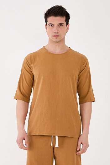 RELAXL 100% Cotton Şile Cloth Fabric Zero Neck Long Basic T-Shirt Camel Color