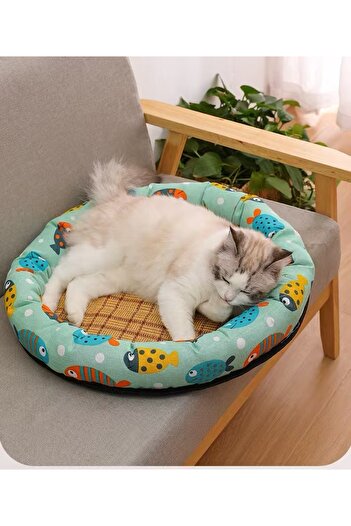 TaoTaoPets Round Pet Bed with Cooling Mat, Rattan Bamboo Breathable and Comfortable Cool Pad