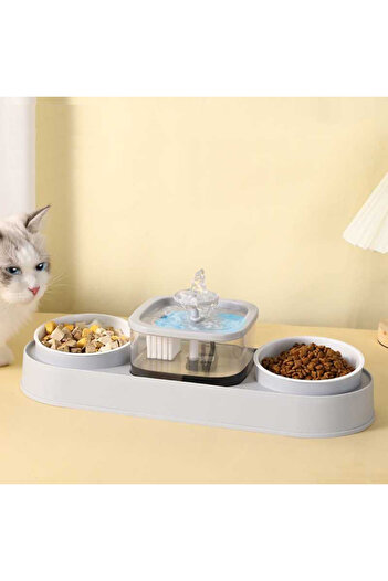 TaoTaoPets Pet Feeding Station with Water Fountain, Dual Food Bowls, Automatic Water Dispenser, Grey