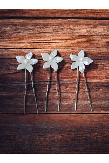 Eva Flore Silver Bun Buckle with White Flowers, Hair Clip, Also Suitable for Girls, 3 Pieces