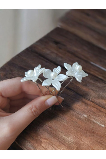 Eva Flore Silver Bun Buckle with White Flowers, Hair Clip, Also Suitable for Girls, 3 Pieces