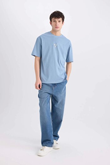 DeFacto E0434 Blue Vikings Valhalla Boxy Fit Crew Neck Back Printed Short Sleeve T-Shirt