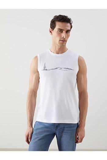 LC Waikiki White Crew Neck Printed Men's Sleeveless T-Shirt