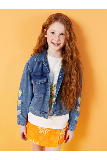 LC Waikiki Shirt Collar Embroidered Girl's Jean Jacket