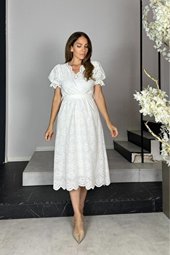 gesmoda G1441 Double Breasted Collar Fisto Dress White