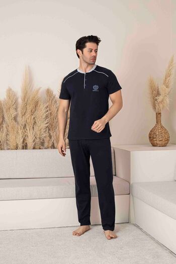 MİRELLA Men's Navy Blue Short Sleeve Six Long Combed Cotton Fabric Knitted Summer Pajamas Set