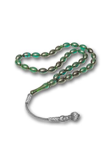 ALYANSEVİM 925 Sterling Silver Kazaz Tassel Barley Cut Green Fire Amber Prayer Beads