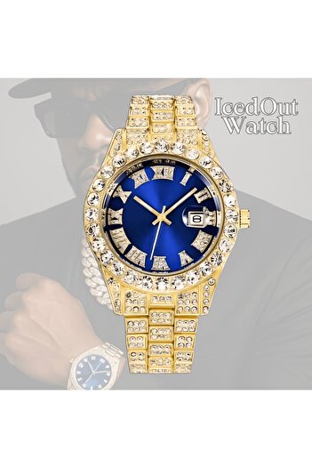 OEM Iced Out watch, zirconium, unisex, accessory for adjustment, Gold-Blue