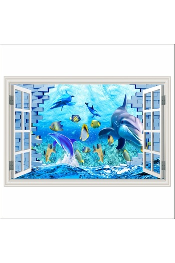 media Photo Wallpaper Window Dolphin, reef, fish, brick wall, 180 x 120 cm