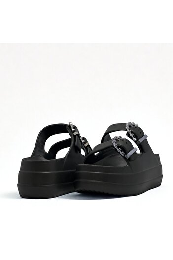 Flexter Women's Black Buckle Comfortable High Sole Slippers - Suitable for Beach and Daily Use