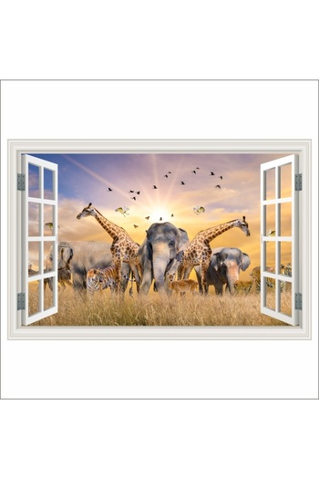 media Self-adhesive photo wallpaper Window Animals of the African savannah, 150 x 100 cm