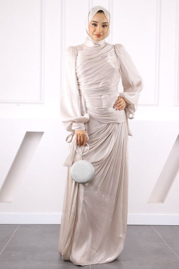 İmajButik Stone Front Gathered Chiffon Evening Dress