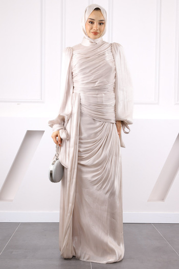 İmajButik Stone Front Gathered Chiffon Evening Dress
