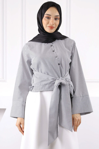 İmajButik Gray Tie Waist Crop Shirt