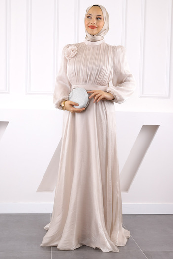 İmajButik Chiffon Evening Dress with Stone Front Draped Belt