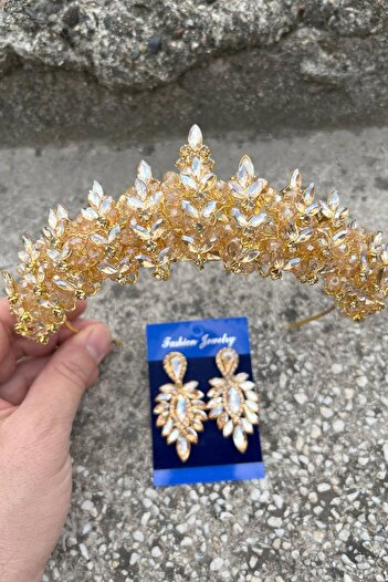 Hobigram Σετ αξεσουάρ για ειδική περίσταση Aldonsa Gold Bride Henna Crown Γυναικείο σετ κορώνας και εκλεκτών σκουλαρίκια
