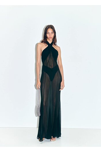 MANGO Woman Rochie lungă semi-transparentă cu guler încrucișat
