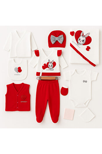 mia mia Red Rabbit Patterned 10 Piece Newborn Baby Hospital Discharge Set