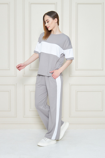 let s shine Women's Front and Sleeve Stripe Detailed Modal Fabric Short Sleeve Tracksuit Set