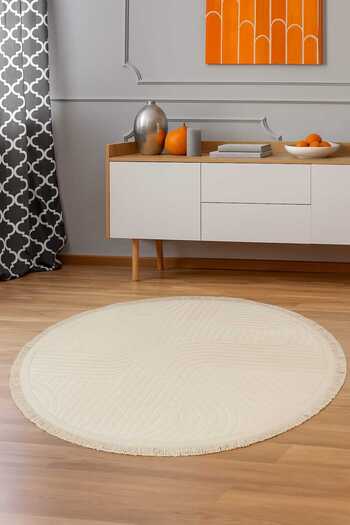 Dijidekor Pare Cream Round Fringed Carpet 120X120