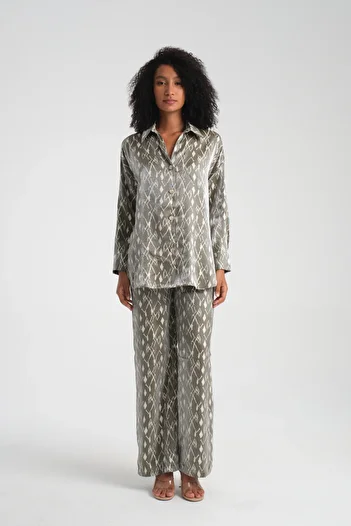 efstyle Satin Patterned Shirt and Pants Suit with Elastic Waist