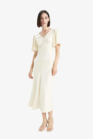 DeFacto V Neck Satin Short Sleeve Midi Dress F6036Ax25Sm