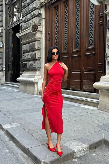 Stil Sepeti Women's Red One Shoulder Draped Slit Detail Midi Dress Ely-1000894100