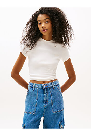 Tommy Hilfiger Women Ancient White Slim Sh Script Short Sleeve T-Shirt
